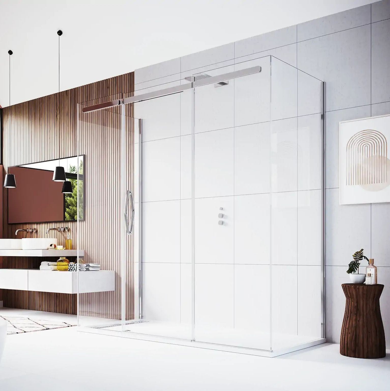 ORO Sliding Door with Inline Panel and Two Frameless Side Panels | Bassetts