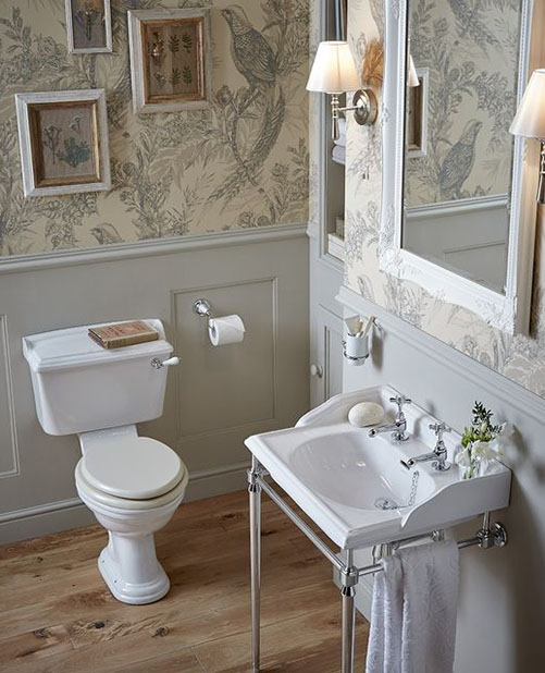 neutral traditional bathroom with washstand