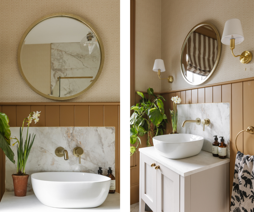 Traditional modern bathroom with minimalist cream wallpaper