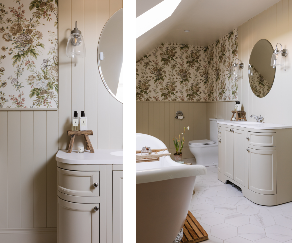Modern cream bathroom with earthy patterned wallpaper