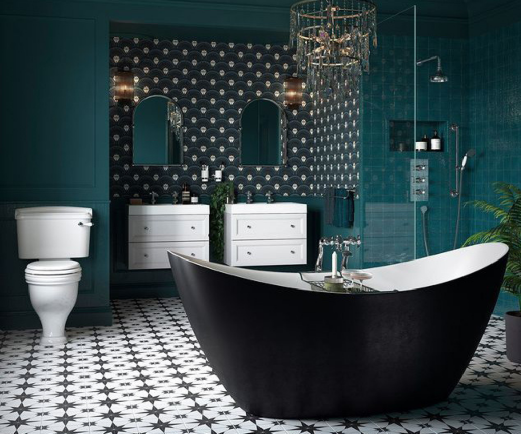 Large family bathroom with patterned wallpaper and patterned tiles