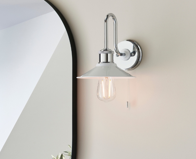 chrome and white edge wall light with pull switch