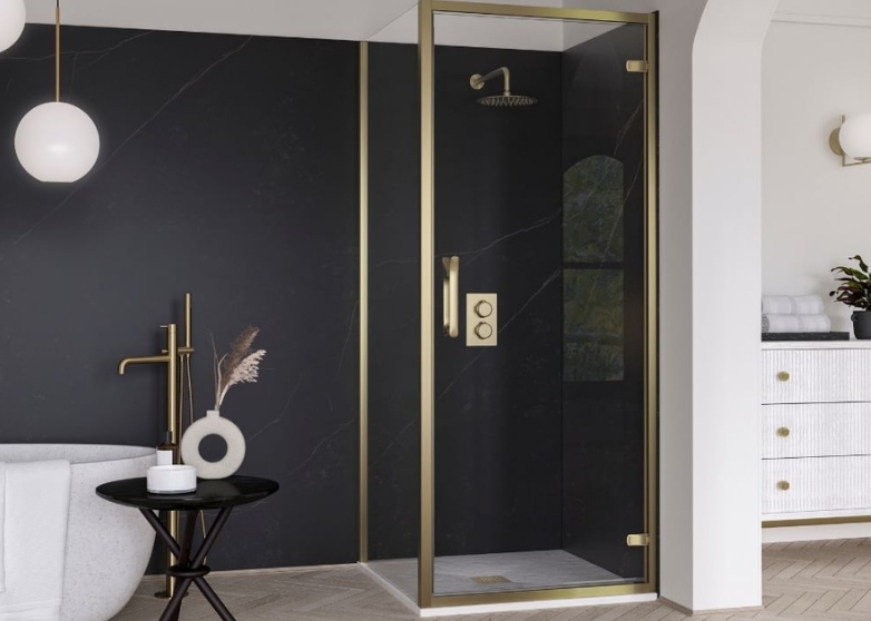 Brushed brass shower enclosure with white tray